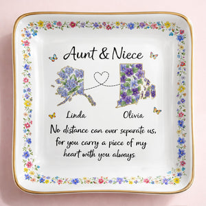 Aunt & Niece No Distance Can Ever Separate Us Floral State Map - Personalized Custom Jewelry Dish, Ceramic Dish, Square Shape - NCE030_SCRF