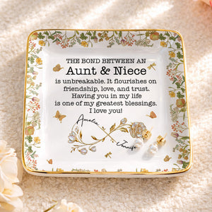The Bond Between An Aunt & Niece, Flowers - Personalized Custom Jewelry Dish, Ceramic Dish, Square Shape - NCE039_SCRF