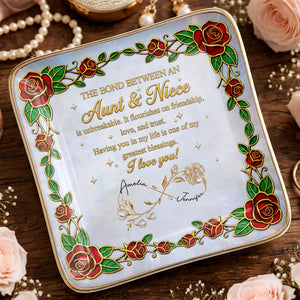 The Bond Between An Aunt And Niece Red Roses Stained Glass Effect - Personalized Custom Jewelry Dish, Ceramic Dish, Square Shape - NCE047_SCRF