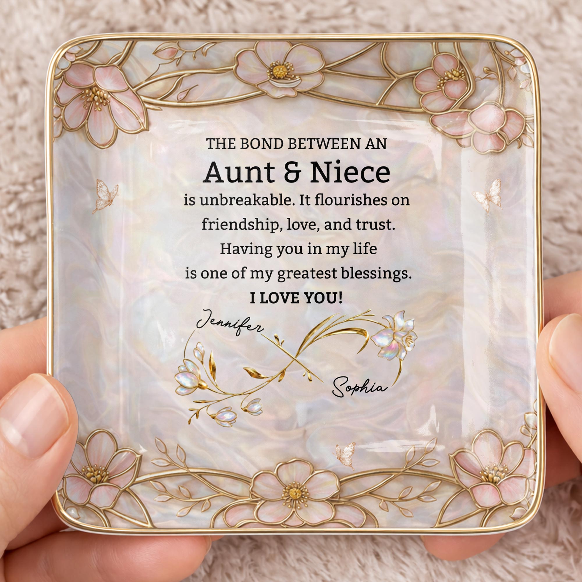 The Bond Between An Aunt And Niece Unbreakable Flowers - Personalized Custom Jewelry Dish, Ceramic Dish, Square Shape - NCE051_SCRF