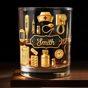 Dedicated To The Healthcare Hero Personalized Stethoscope And Medical Icons - Personalized Custom Whiskey Glass - NUR077_RWG