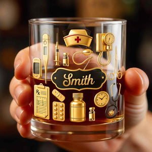 Dedicated To The Healthcare Hero Personalized Stethoscope And Medical Icons - Personalized Custom Whiskey Glass - NUR077_RWG