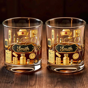 Dedicated To The Healthcare Hero Personalized Stethoscope And Medical Icons - Personalized Custom Whiskey Glass - NUR077_RWG