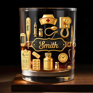 Dedicated To The Healthcare Hero Personalized Stethoscope And Medical Icons - Personalized Custom Whiskey Glass - NUR077_RWG