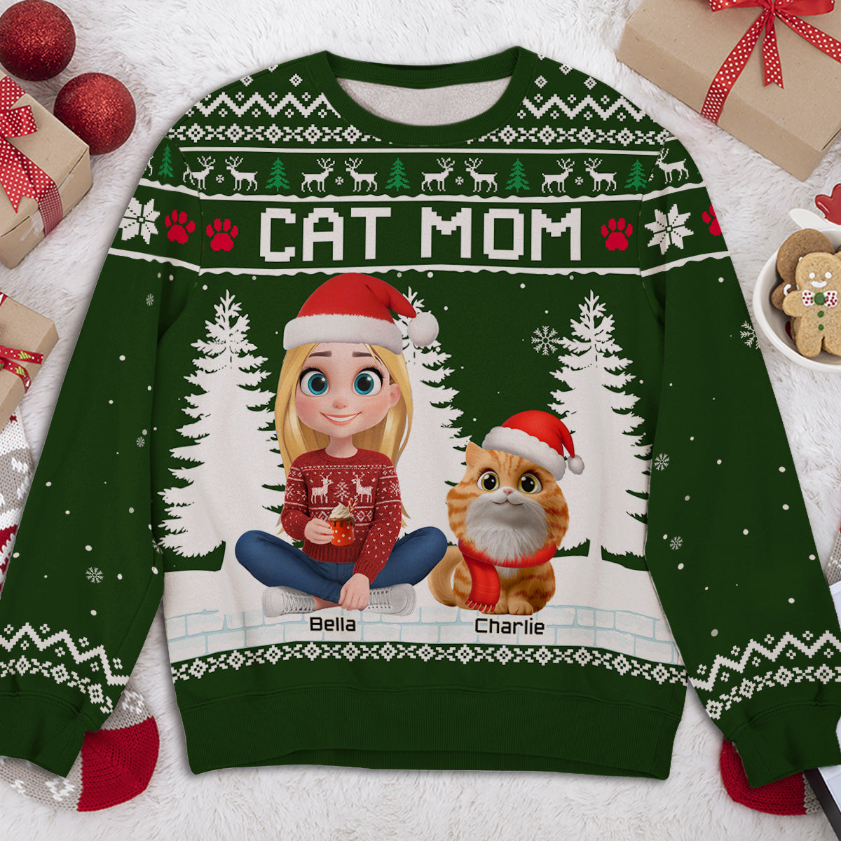 Happy Christmas With My Mom Dad Cartoon - Personalized All-Over-Print Sweatshirt
