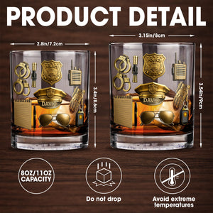 Celebrate Your Service With Badge, Handcuffs, and Hat - Personalized Custom Whiskey Glass - OFC025_RWG