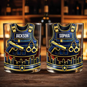 A Hero In Uniform Police Vest With Gun And Handcuffs - Personalized Custom Whiskey Glass - OFC061_RWG
