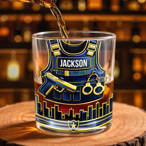 A Hero In Uniform Police Vest With Gun And Handcuffs - Personalized Custom Whiskey Glass - OFC061_RWG