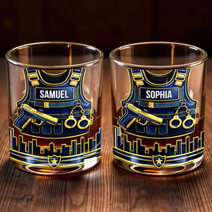 A Hero In Uniform Police Vest With Gun And Handcuffs - Personalized Custom Whiskey Glass - OFC061_RWG