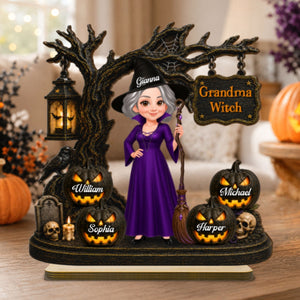 Grandma Witch With Grandkids Jack-O’-Lanterns - Personalized Wooden Plaque - Spooky Halloween Gift For Grandma