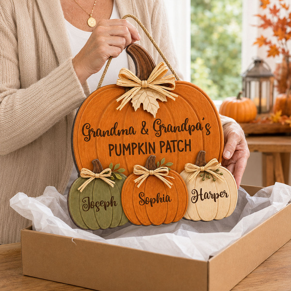 Grandma Grandpa's Pumpkin Patch 2D Flat - Personalized Door Hanger - Gift For Grandma, Grandpa