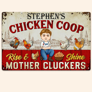 Chicken coop metal sign with a man farmer character