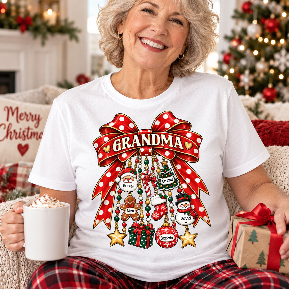 Grandma Retro Christmas Charm Bow - Personalized Shirt - Christmas Gift For Grandma