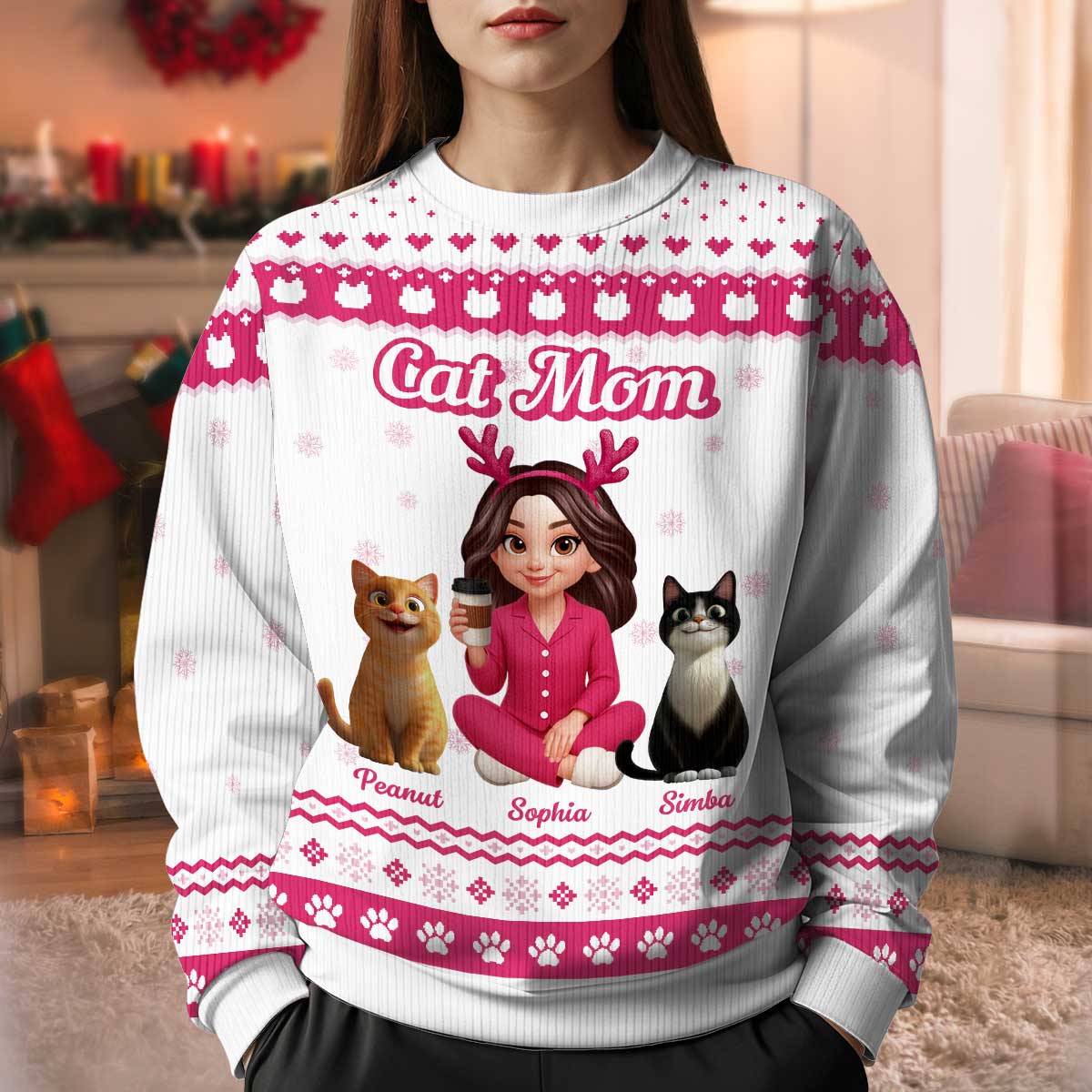 Christmas Pink Tone Cat Mom Faux Knitting Personalized Ugly Sweater - Christmas Gift For Mom