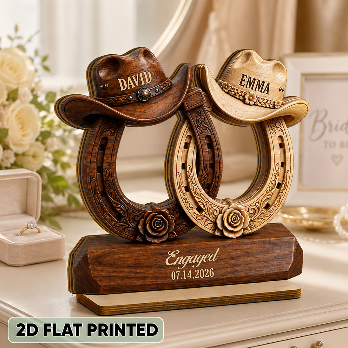 Couple Cowboy Hat Horseshoe - Personalized 2-Layered Wooden Plaque