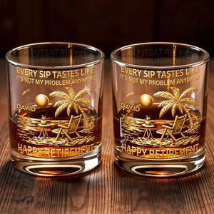 Every Sip Tastes Like Happy Retirement, Palm Trees Beach Chair Sun - Personalized Custom Whiskey Glass - RETIRE014_RWG