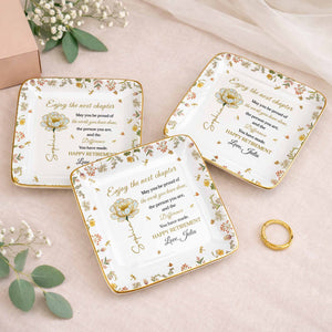 Enjoy The Next Chapter Happy Retirement Floral Jewelry Dish - Personalized Custom Jewelry Dish, Ceramic Dish, Square Shape - RETIRE015_SCRF