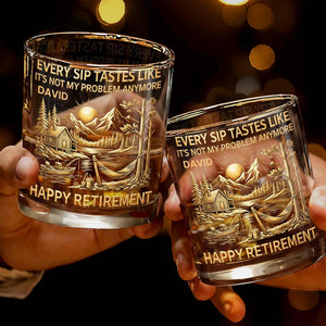 Happy Retirement, Mountains, Cabin, Lake And Sunset Design - Personalized Custom Whiskey Glass - RETIRE020_RWG