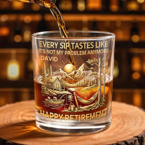 Happy Retirement, Mountains, Cabin, Lake And Sunset Design - Personalized Custom Whiskey Glass - RETIRE020_RWG