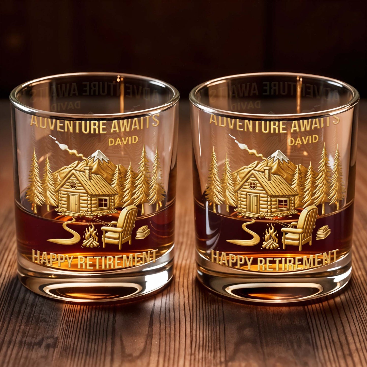Adventure Awaits, Happy Retirement, Cabin And Trees - Personalized Custom Whiskey Glass - RETIRE021_RWG