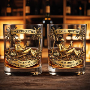 Effing Quitter Happy Retirement Palm Trees and Relaxation - Personalized Custom Whiskey Glass - RETIRE031_RWG