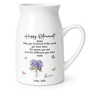 Happy Retirement May You Be Proud Purple Flowers And Butterflies - Personalized Ceramic Flower Vase