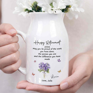 Happy Retirement May You Be Proud Purple Flowers And Butterflies - Personalized Ceramic Flower Vase