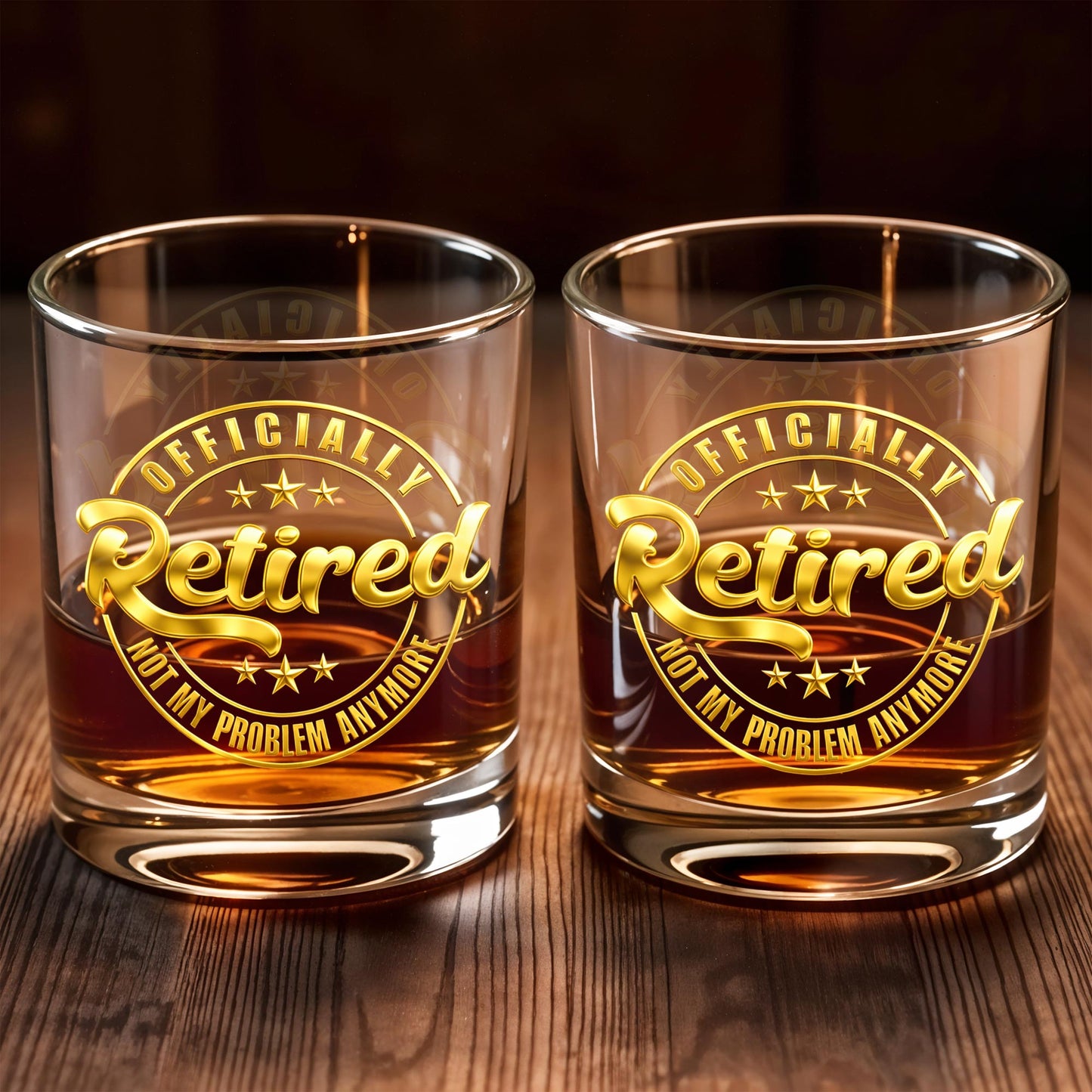 Officially Retired Not My Problem Anymore With Gold Stars - Personalized Custom Whiskey Glass - RETIRE040_RWG