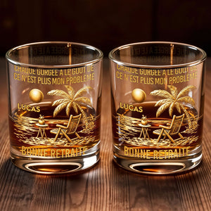 Chaque Gorgée A Le Goût De Ce N'est Plus Mon Problème Palm Tree Beach - Personalized Custom Whiskey Glass - RETIRE045_RWG