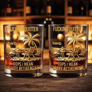 Effing Quitter Oops I Mean Happy Retirement Palm Tree And Beach Chair - Personalized Custom Whiskey Glass - RETIRE046_RWG