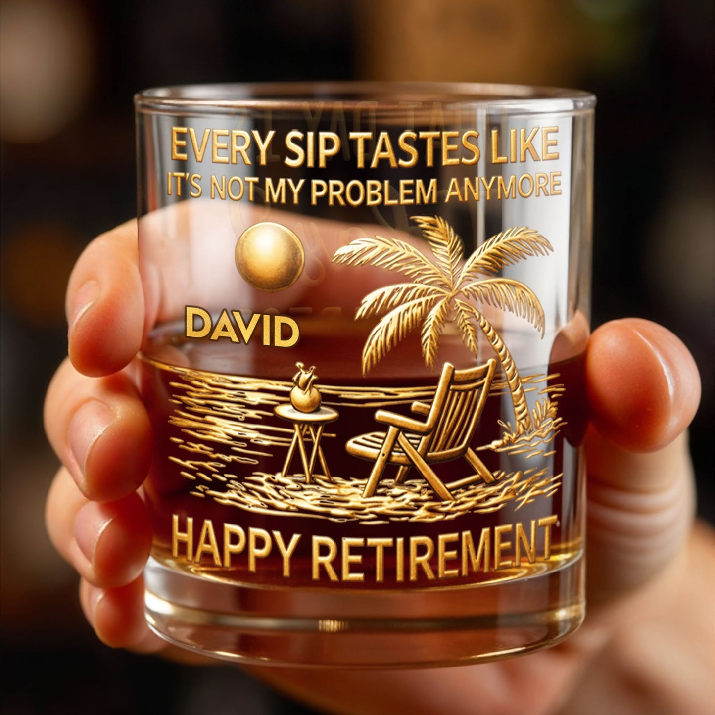 Every Sip Tastes Like Not My Problem Anymore Palm Tree Retirement - Personalized Custom Whiskey Glass - RETIRE051_RWG