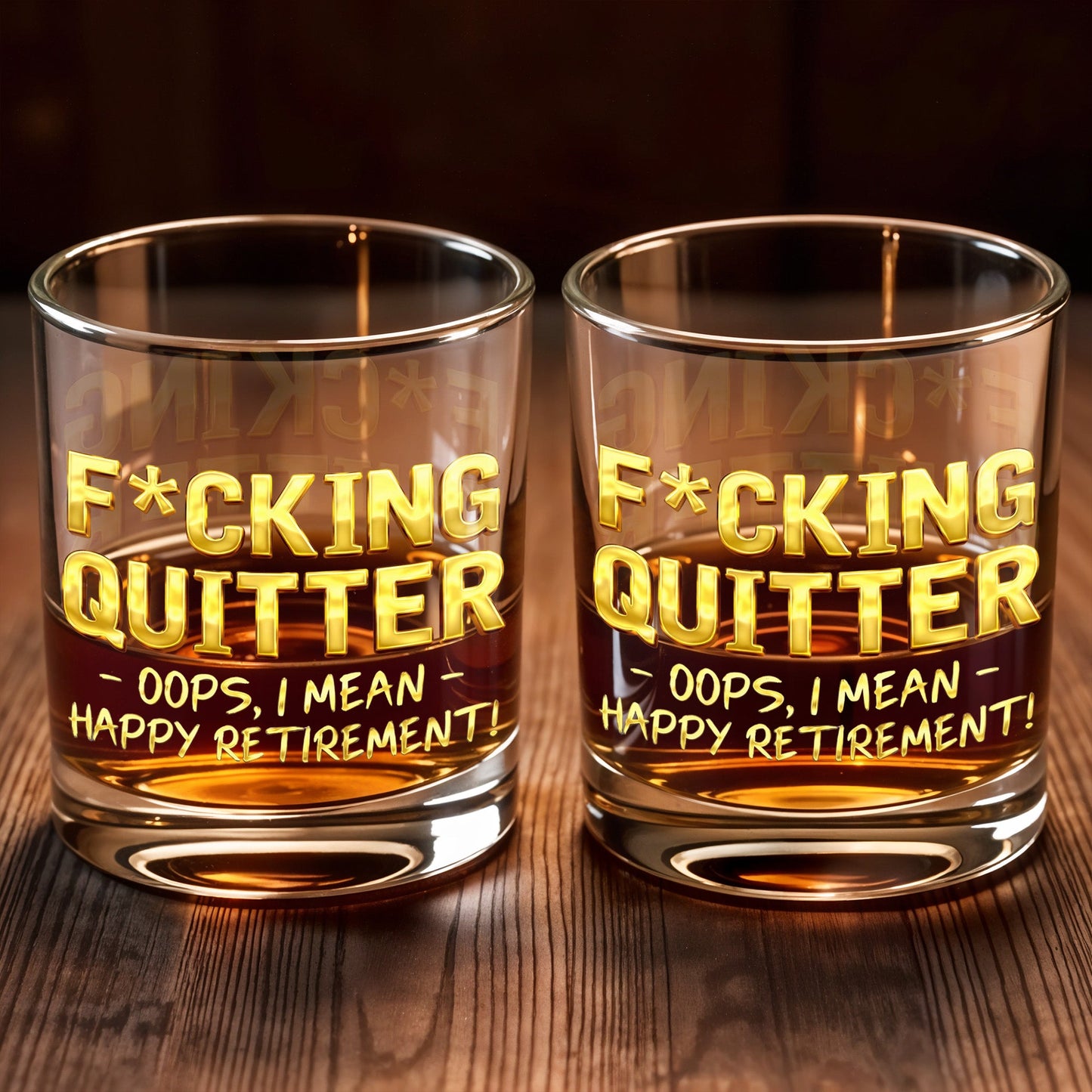 Effing Quitter Oops I Mean Happy Retirement With 3D Effect Letters - Personalized Custom Whiskey Glass - RETIRE062_RWG