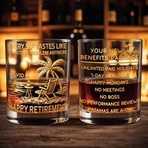 Every Sip Tastes Like It's Not My Problem Anymore Palm Tree Retirement - Personalized Custom Whiskey Glass - RETIRE077_RWG