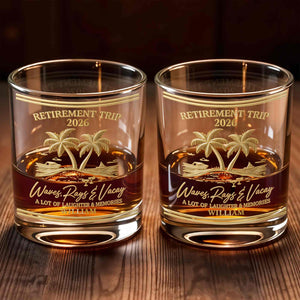 Retirement Trip Waves Rays And Vacay Beach Palm Trees - Personalized Custom Whiskey Glass - RETIRE082_RWG