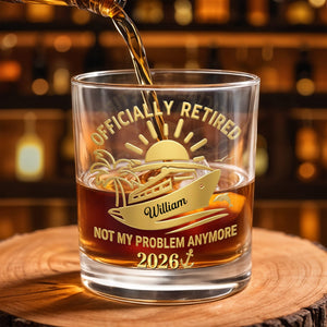 Officially Retired Not My Problem Anymore Cruise Ship Sun And Palm Tree - Personalized Custom Whiskey Glass - RETIRE091_RWG