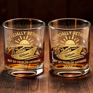 Officially Retired Not My Problem Anymore Cruise Ship Sun And Palm Tree - Personalized Custom Whiskey Glass - RETIRE091_RWG