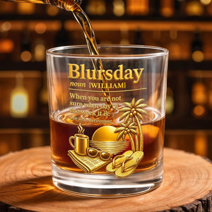Blursday Retirement Definition With Palm Trees And Sunset Golden Design - Personalized Custom Whiskey Glass - RETIRE113_RWG