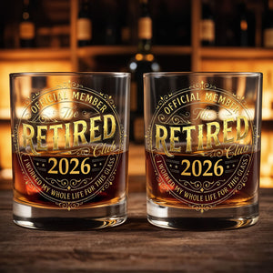 Official Member The Retired Club With Gold Effect Vintage Badge Design - Personalized Custom Whiskey Glass - RETIRE138_RWG