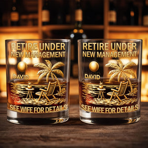 Retire Under New Management Beach Palm Tree Scene - Personalized Custom Whiskey Glass - RETIRE168_RWG