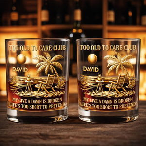 Too Old To Care Club My Give A Damn Is Broken Palm Tree Beach Chair - Personalized Custom Whiskey Glass - RETIRE211_RWG