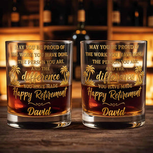 May You Be Proud Happy Retirement With Tropical Palm Trees - Personalized Custom Whiskey Glass - RETIRE212_RWG