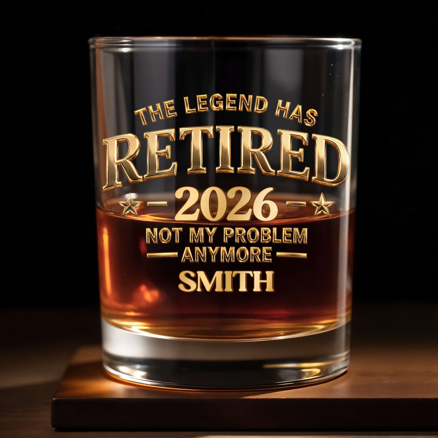 The Legend Has Retired Not My Problem Anymore Gold Stars Typography - Personalized Custom Whiskey Glass - RETIRE218_RWG