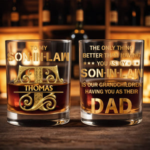 To My Son In Law Custom Golden Alphabet Art Monogram - Personalized Custom Whiskey Glass - SILA030_RWG