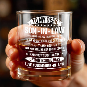 To My Dear Son In Law Typography Stars Decorative Gift - Personalized Custom Whiskey Glass - SILA038_RWG