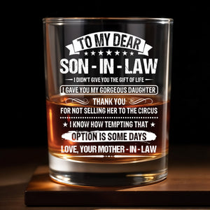 To My Dear Son In Law Typography Stars Decorative Gift - Personalized Custom Whiskey Glass - SILA038_RWG