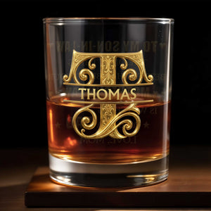 To My Son In Law Custom Name With 3D Golden Filigree Monogram - Personalized Custom Whiskey Glass - SILA072_RWG
