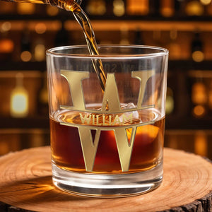 Custom Monogram and Name Personalized Initial With 3D Golden Design - Personalized Custom Whiskey Glass - SILA073_RWG