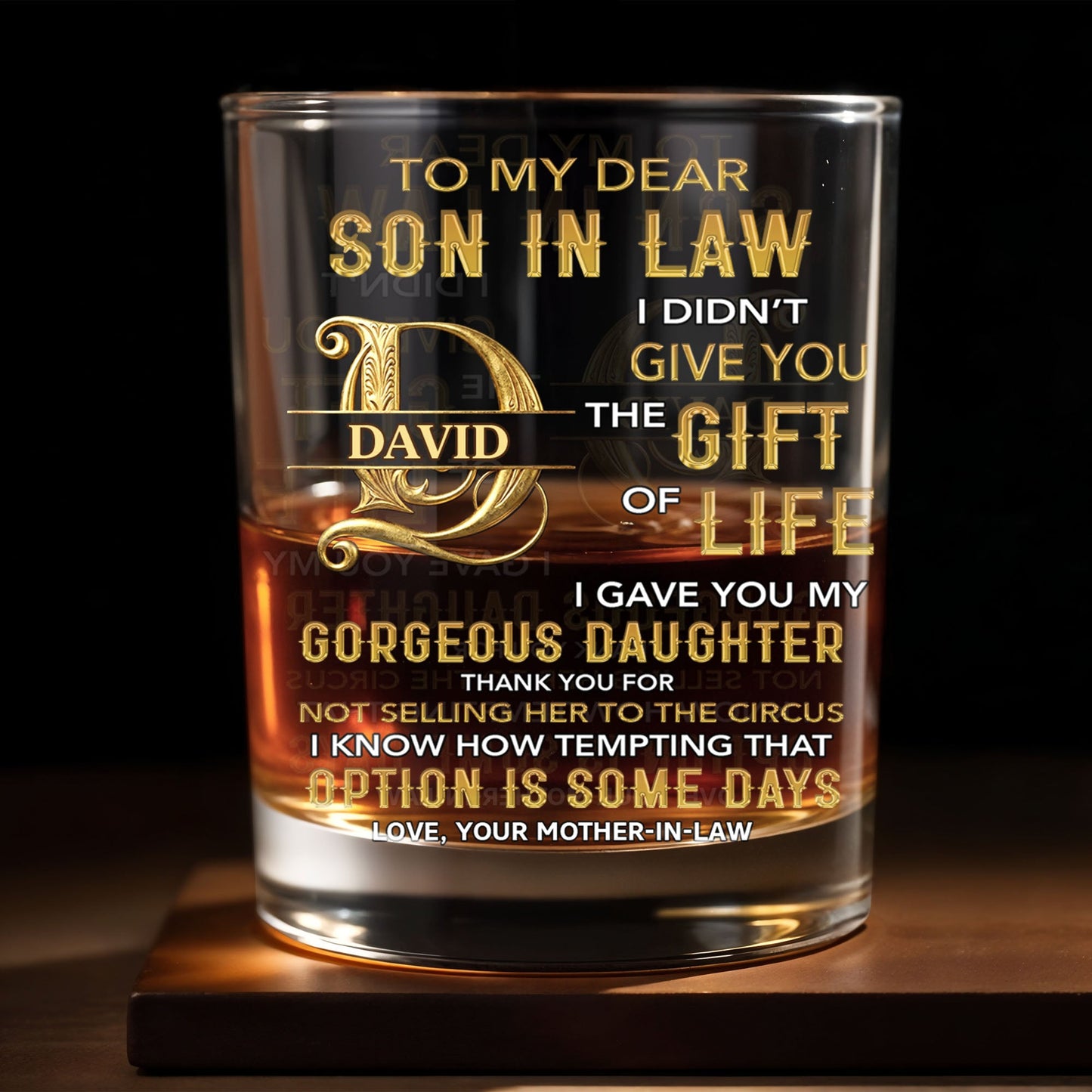 To My Dear Son In Law Custom Golden Alphabet Art - Personalized Custom Whiskey Glass - SILA086_RWG