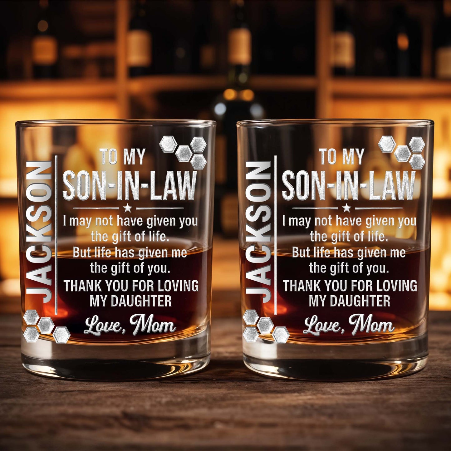 To My Son In Law Gift Of You Hexagon Pattern Custom Name - Personalized Custom Whiskey Glass - SILA100_RWG