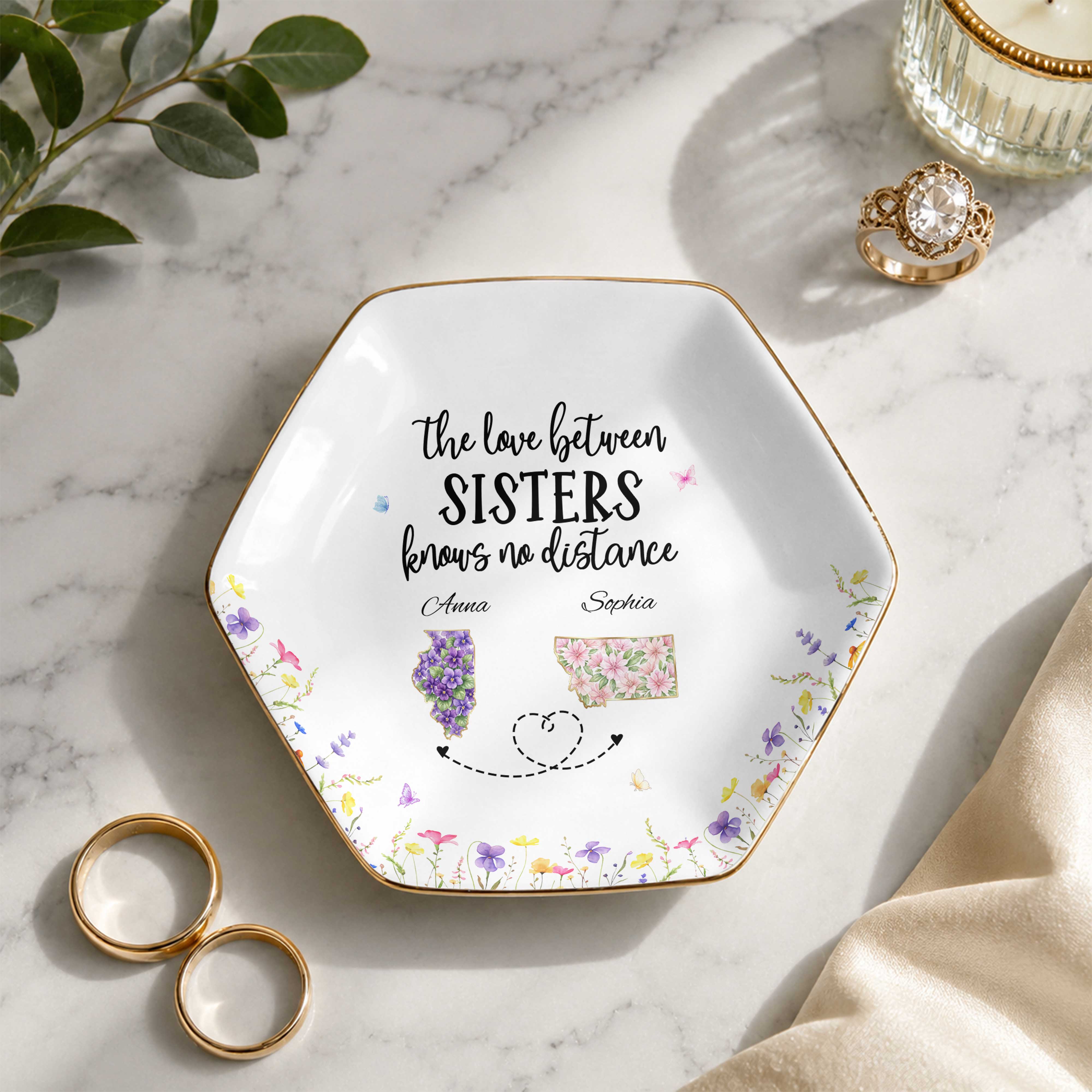 The Love Between Sisters Knows No Distance Floral State Art - Personalized Custom Jewelry Dish, Ceramic Dish, Hexagonal Shape - SIS047_HECRD